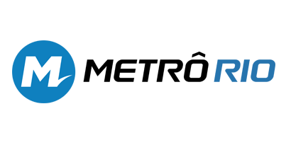 Logotipo com a letra M dentro de u círculo azul e, ao lado, o texto Metrô Rio
